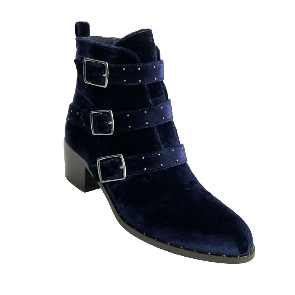 Lord & Taylor 424 Fifth Blue Velvet Studded Boots 3 Buckle 7